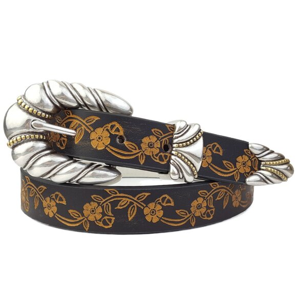 Western-Inspired Silver Buckle Floral Tooled Belt main image 2